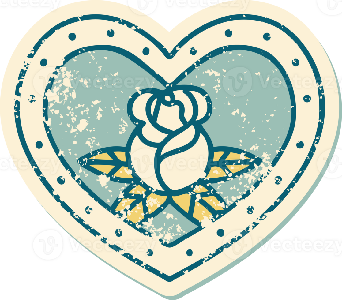 iconic distressed sticker tattoo style image of a heart and flowers png