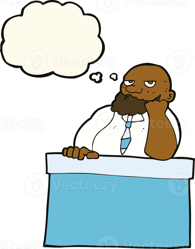 cartoon bored man at desk with thought bubble png