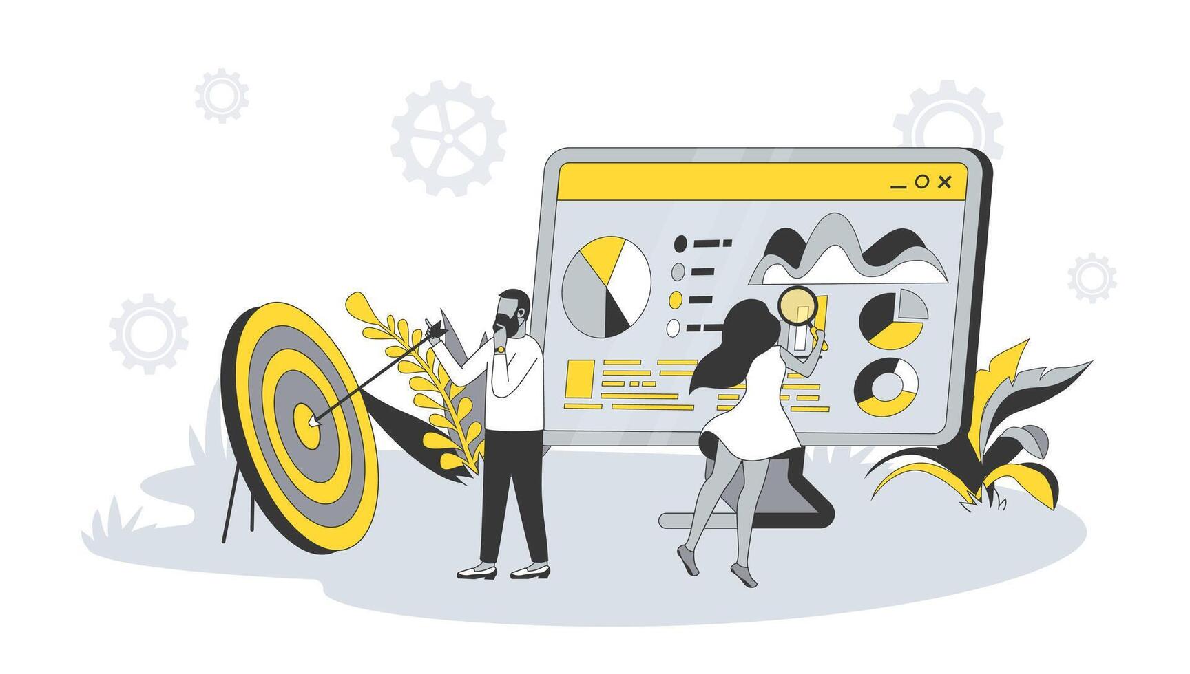 SEO optimization concept in flat design with people. Man and woman analyze data and keywords, optimizes for popular queries, settings site. illustration with character scene for web banner vector