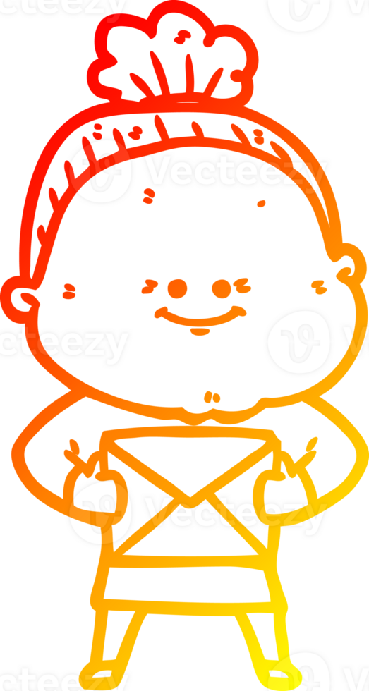 warm gradient line drawing of a cartoon happy old woman png