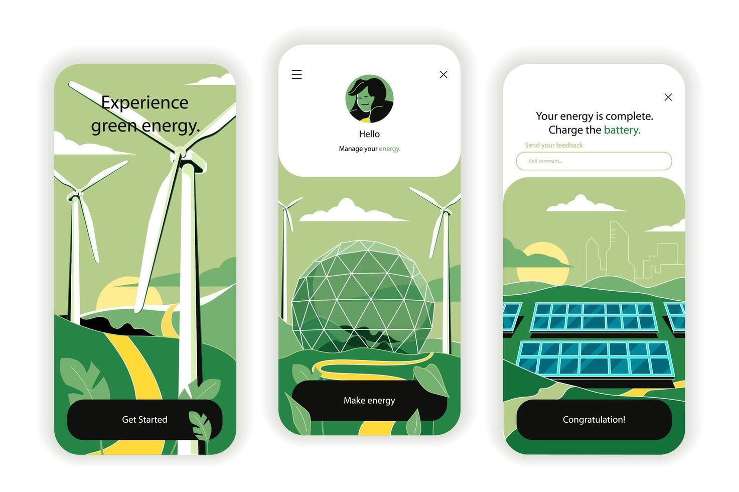 Green energy concept onboarding screens. Alternative energy sources and ecology, solar panels and windmills. UI, UX, GUI user interface kit with flat people scene. illustration for web design vector
