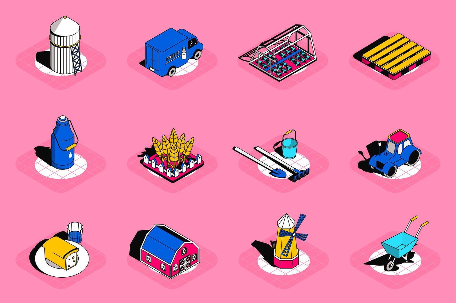 Farming sources 3d isometric icons set. Pack elements of granary, dairy products, harvest, greenhouse, wheat, gardening tools, farmhouse and others. illustration in modern isometric design vector