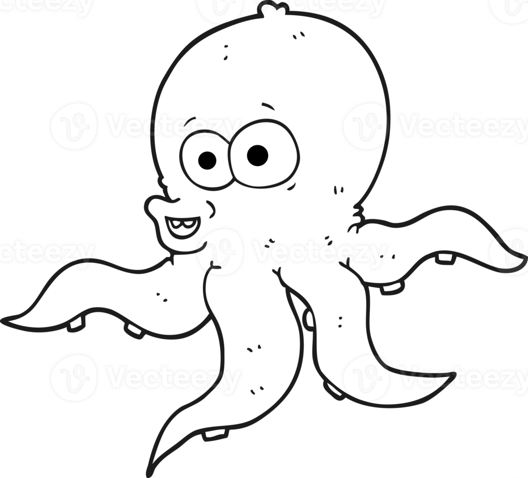 hand drawn black and white cartoon octopus png