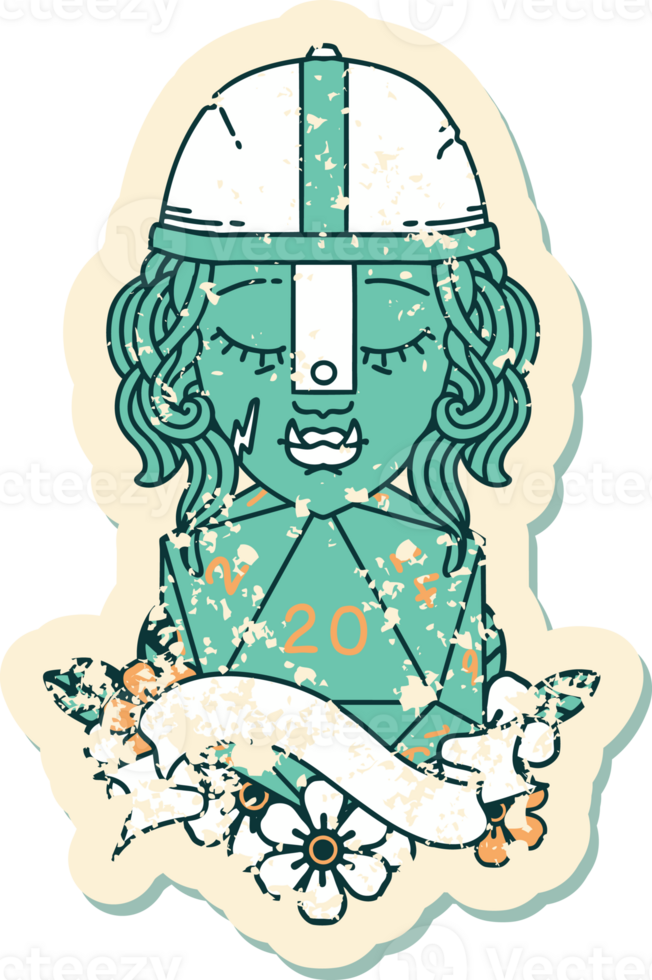Retro Tattoo Style half orc fighter character with natural 20 dice roll png