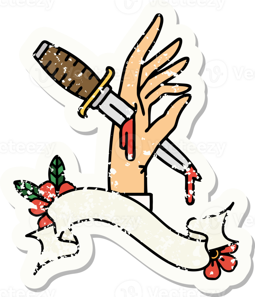 worn old sticker with banner of a dagger in the hand png
