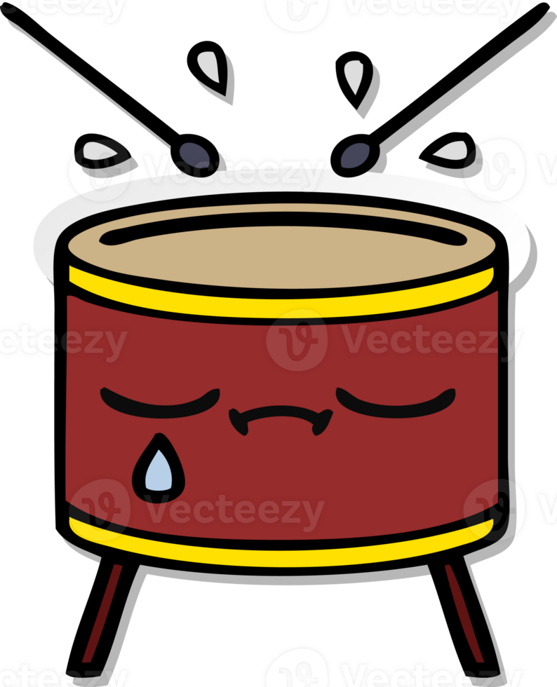distressed sticker of a cute cartoon crying drum png