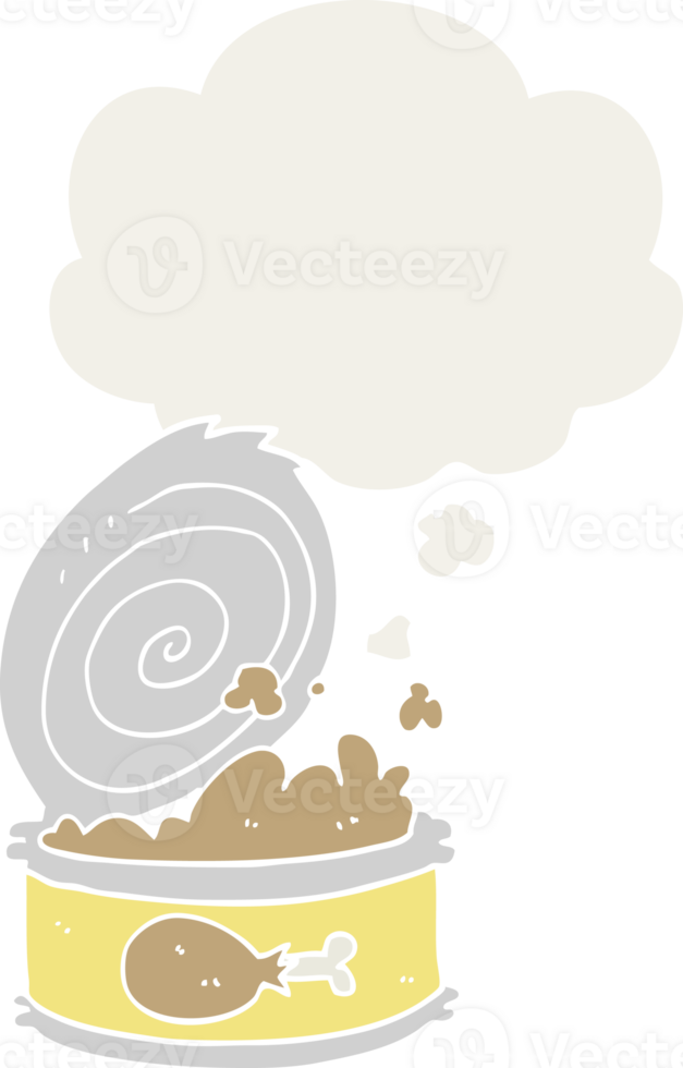 cartoon canned food with thought bubble in retro style png