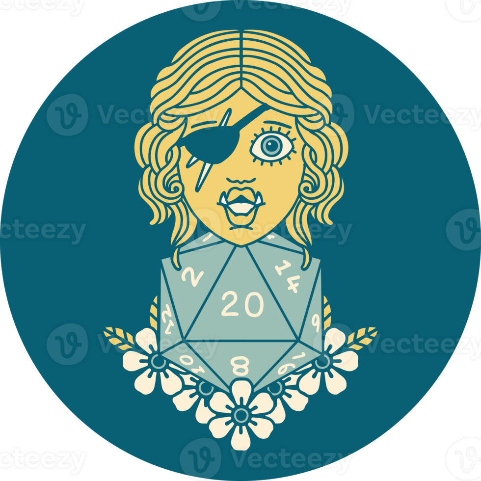 Retro Tattoo Style half orc rogue with natural twenty dice roll png