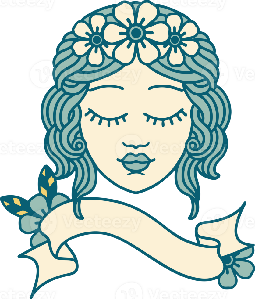 traditional tattoo with banner of a maidens face png