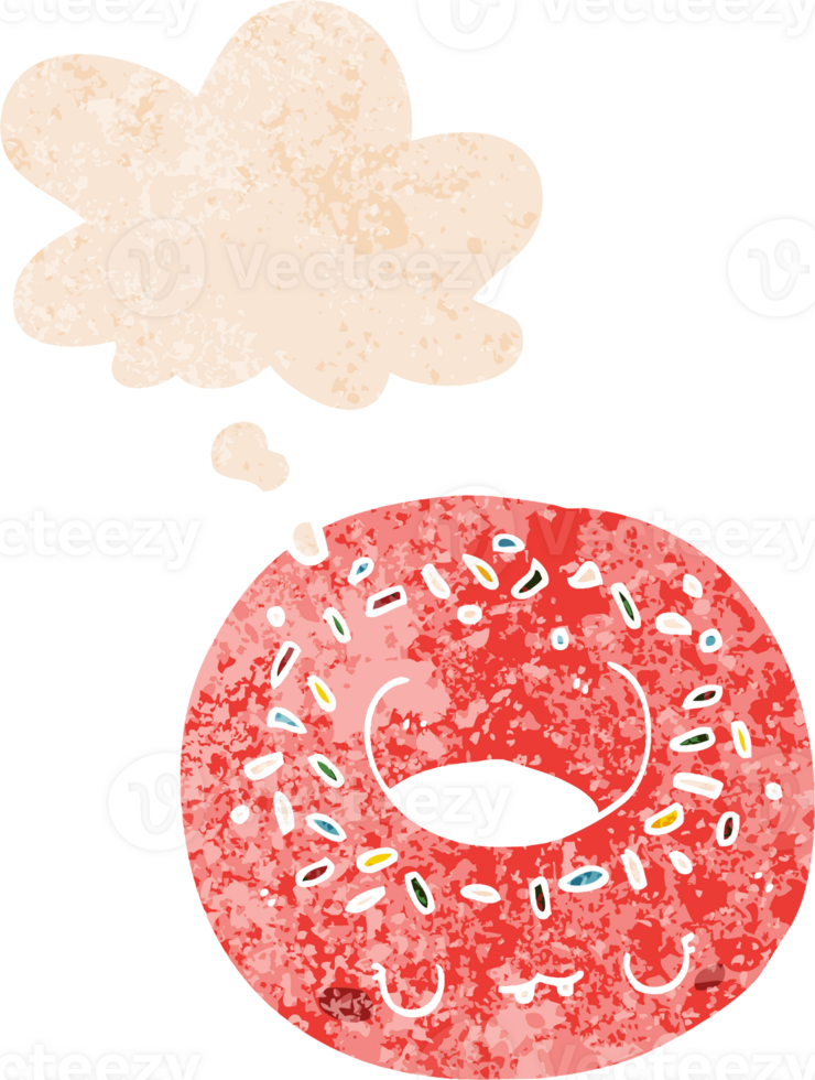 cartoon donut with thought bubble in grunge distressed retro textured style png