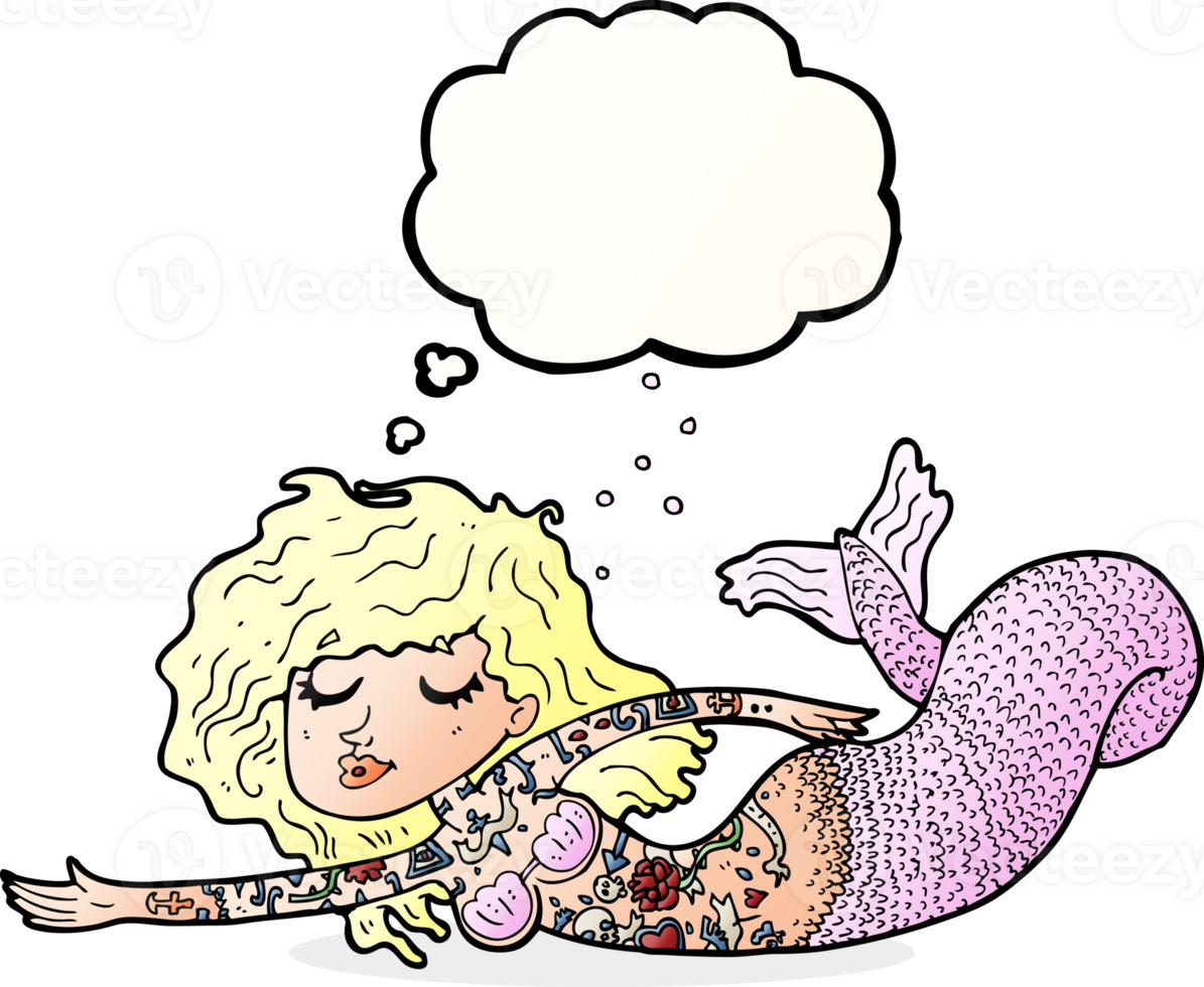 cartoon mermaid covered in tattoos with thought bubble png