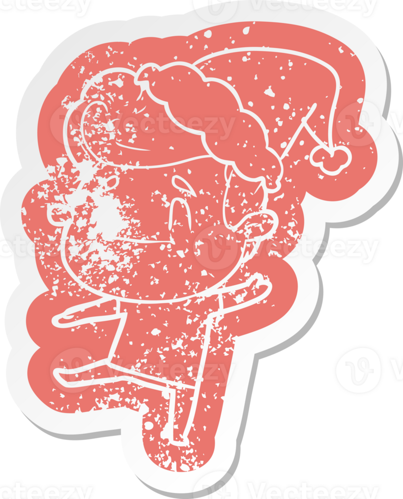 happy quirky cartoon distressed sticker of a man wearing santa hat png
