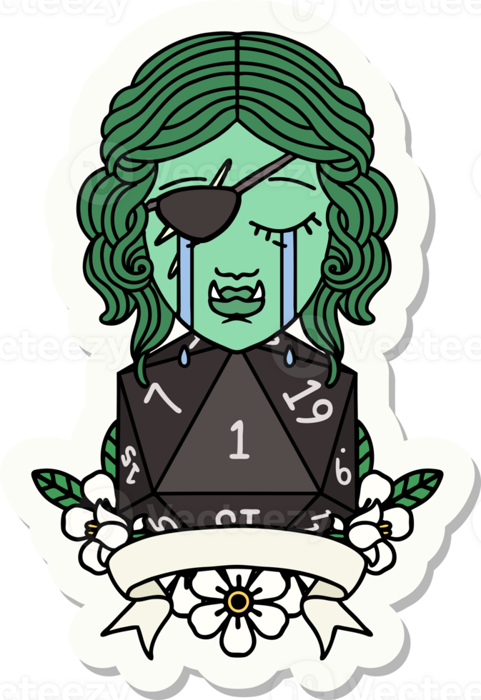 sticker of a crying orc rogue character with natural one roll png