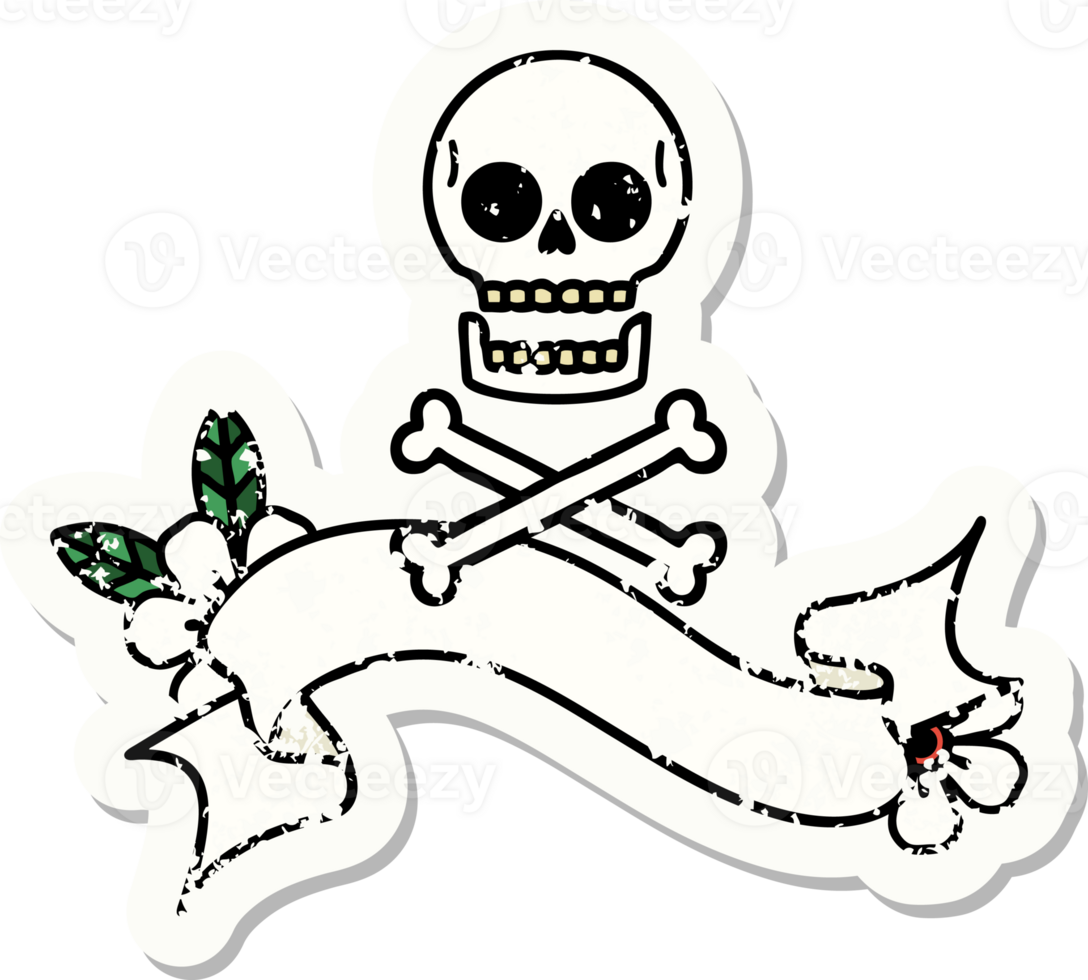 worn old sticker with banner of cross bones png