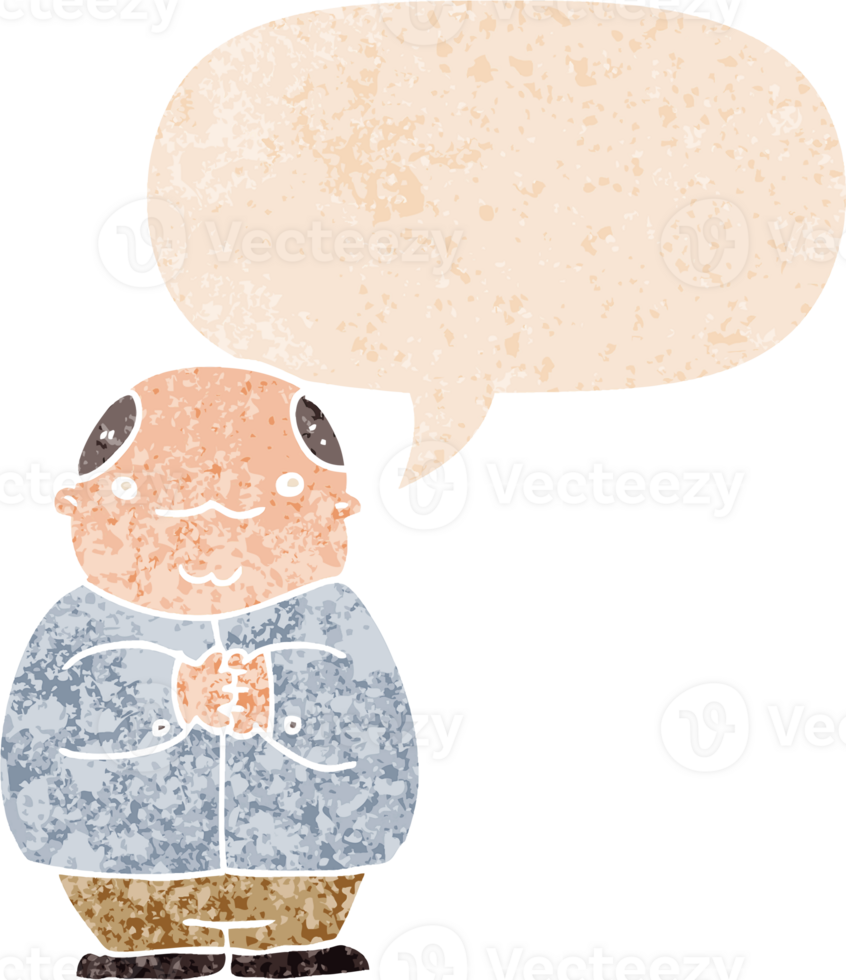 cartoon balding man with speech bubble in grunge distressed retro textured style png
