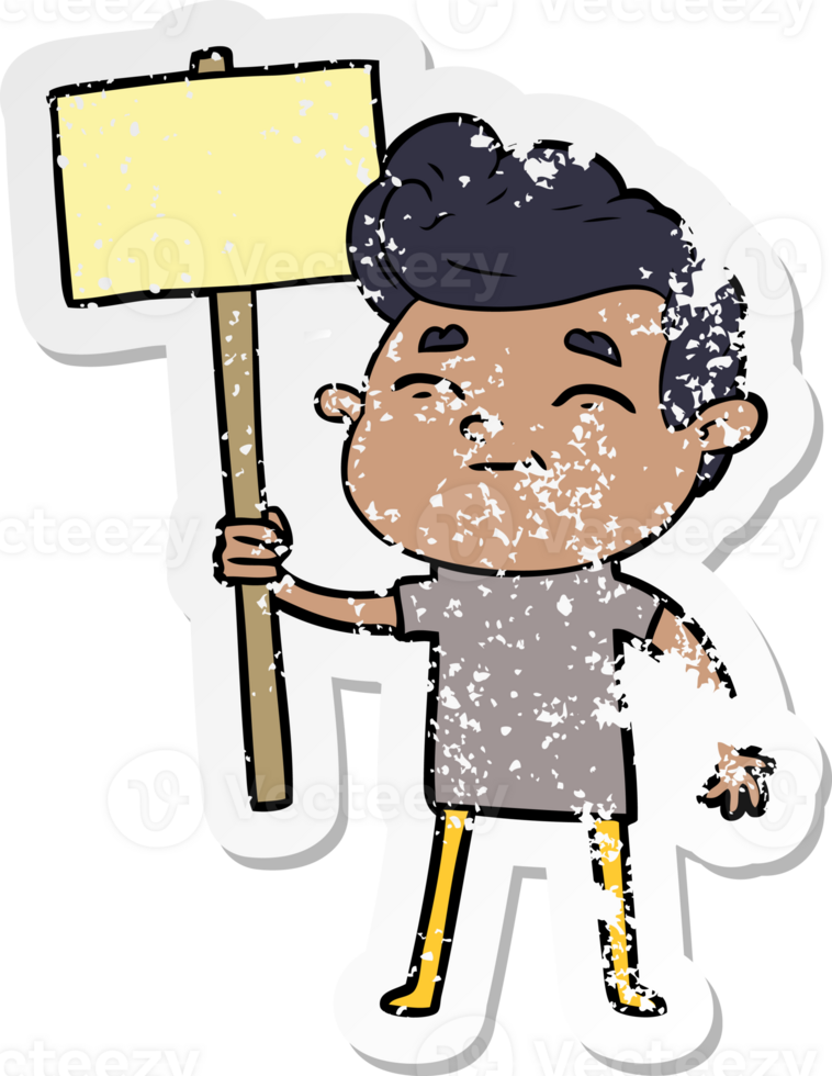 distressed sticker of a happy cartoon man with sign png