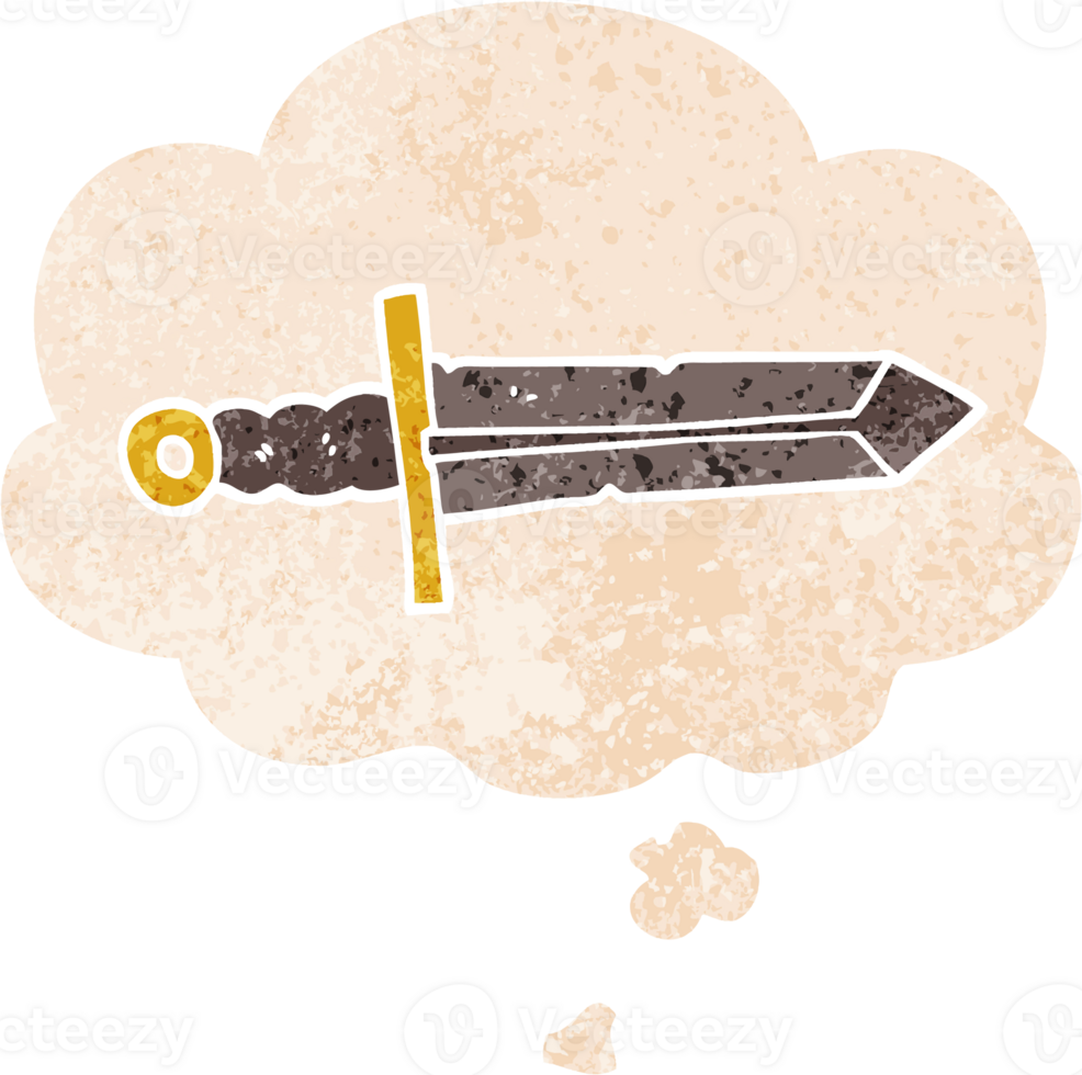 cartoon sword with thought bubble in grunge distressed retro textured style png