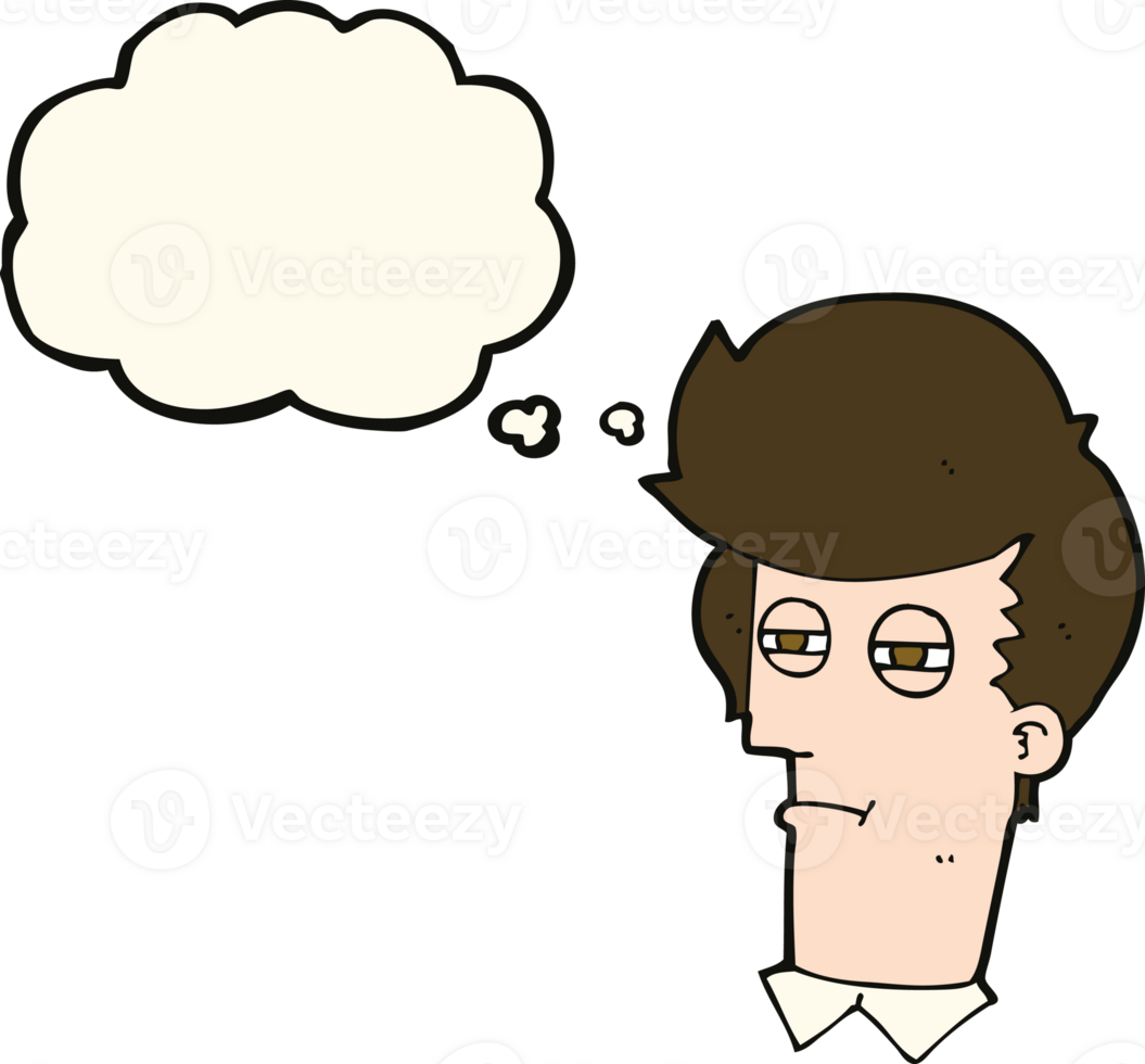 cartoon man with narrowed eyes with thought bubble png