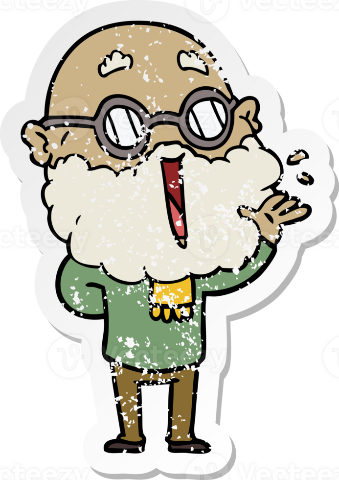 distressed sticker of a cartoon joyful man with beard png