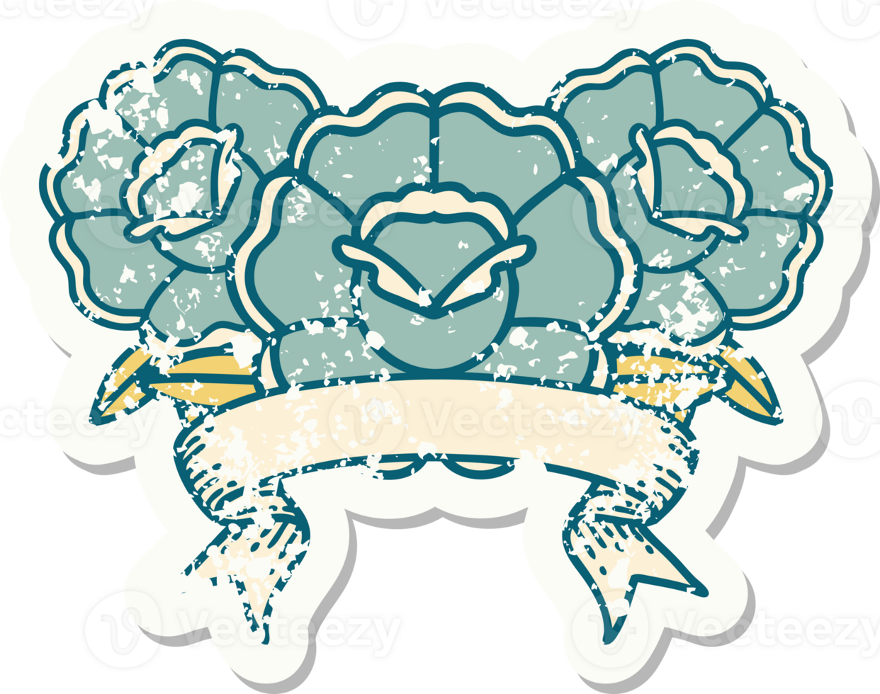 worn old sticker with banner of a bouquet of flowers png