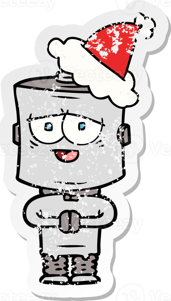 hand drawn distressed sticker cartoon of a robot wearing santa hat png