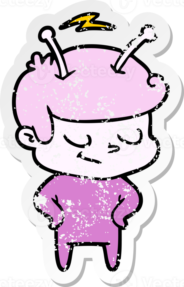 distressed sticker of a friendly cartoon spaceman png