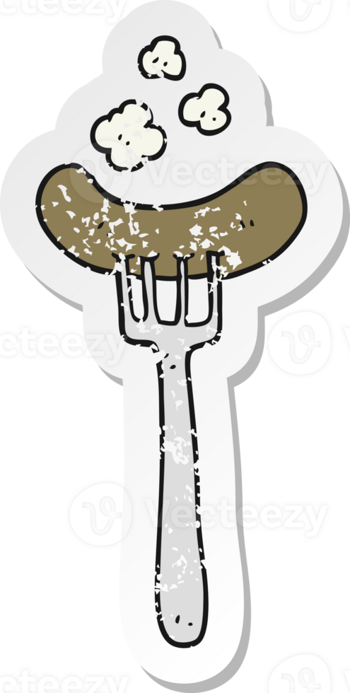 retro verontrust sticker van een tekenfilm gekookt worst png