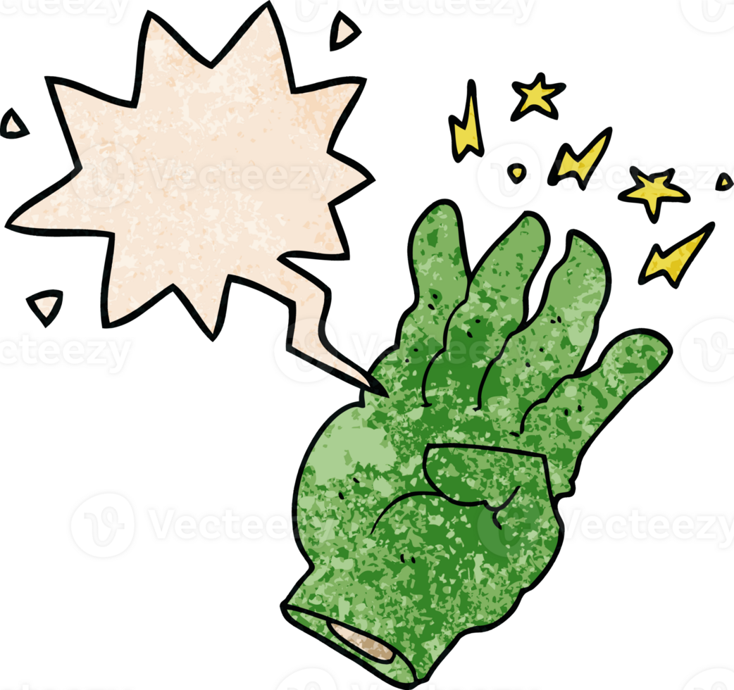 cartoon spooky magic hand with speech bubble in retro texture style png