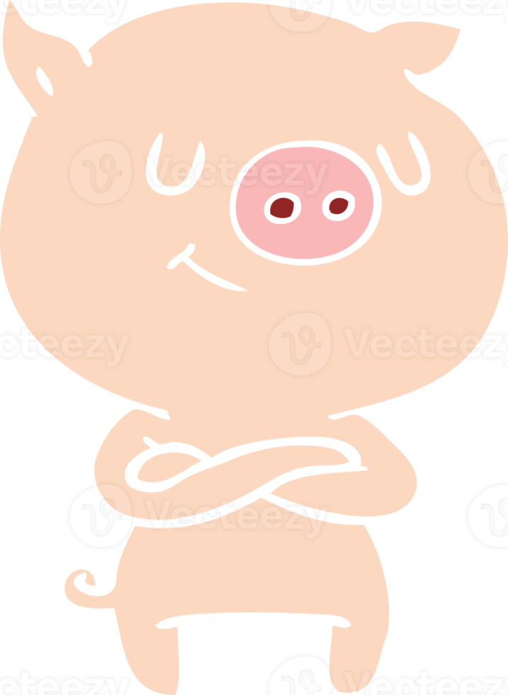 happy flat color style cartoon pig with crossed arms png