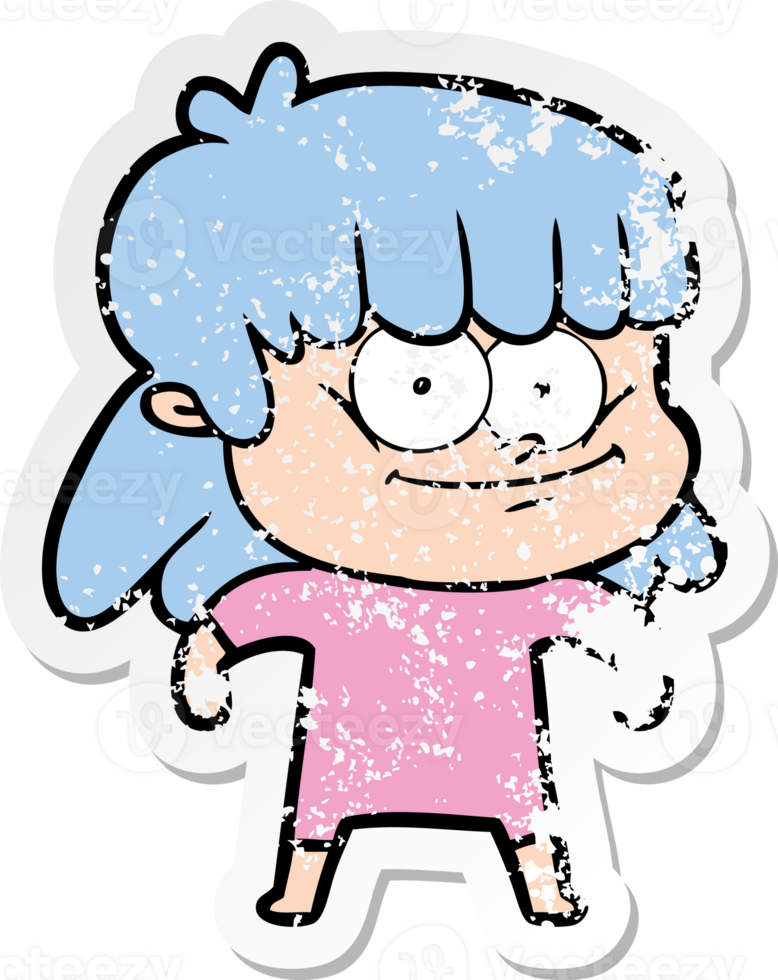 distressed sticker of a cartoon smiling woman png