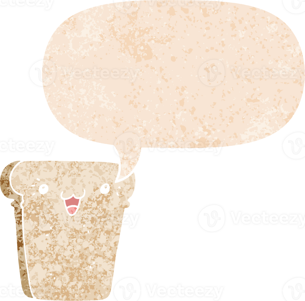 cartoon slice of bread with speech bubble in grunge distressed retro textured style png