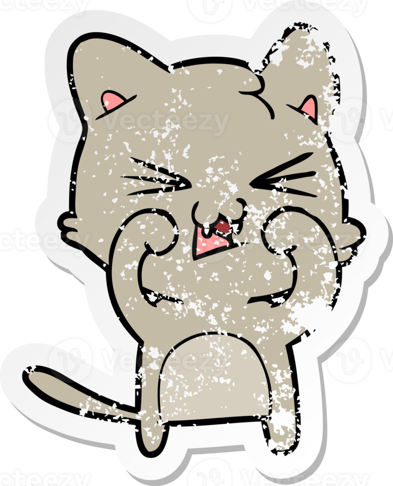 distressed sticker of a cartoon hissing cat png