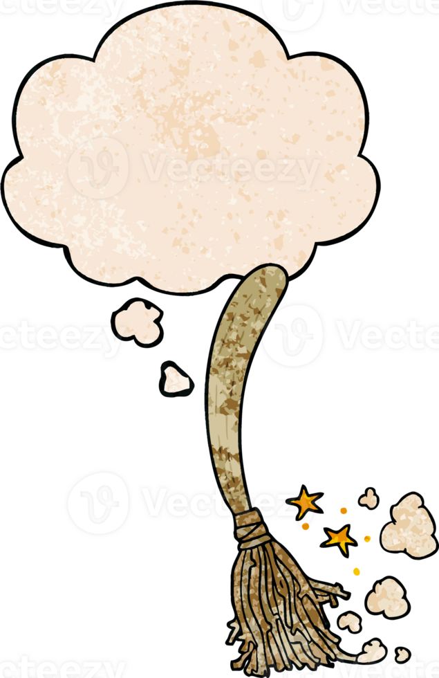 cartoon magic broom with thought bubble in grunge texture style png