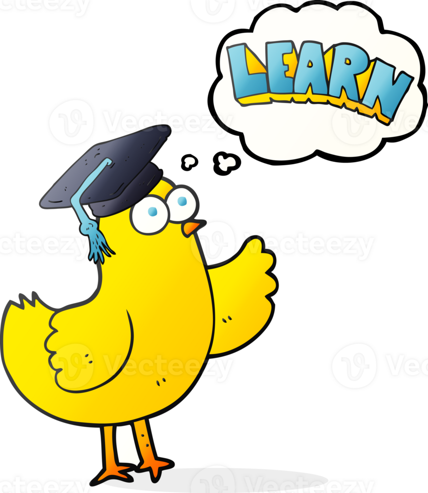 hand drawn thought bubble cartoon bird with learn text png