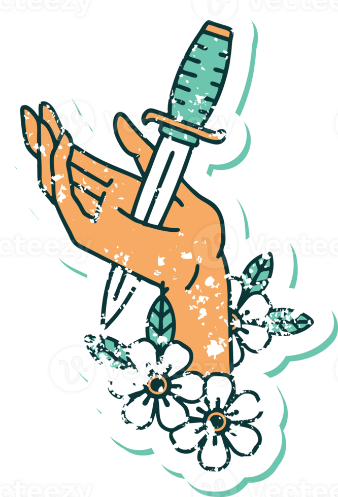 iconic distressed sticker tattoo style image of a dagger in the hand png
