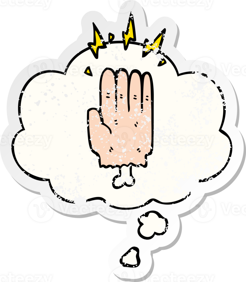cartoon magic halloween zombie hand with thought bubble as a distressed worn sticker png