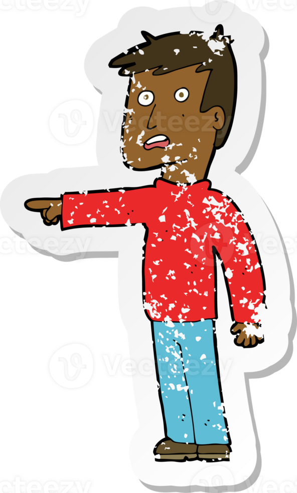 retro distressed sticker of a cartoon pointing man png