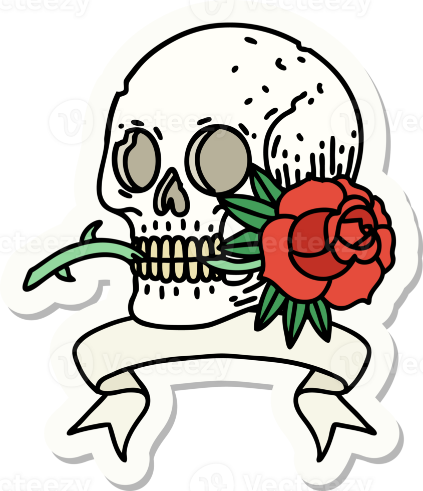 tattoo style sticker with banner of a skull and rose png