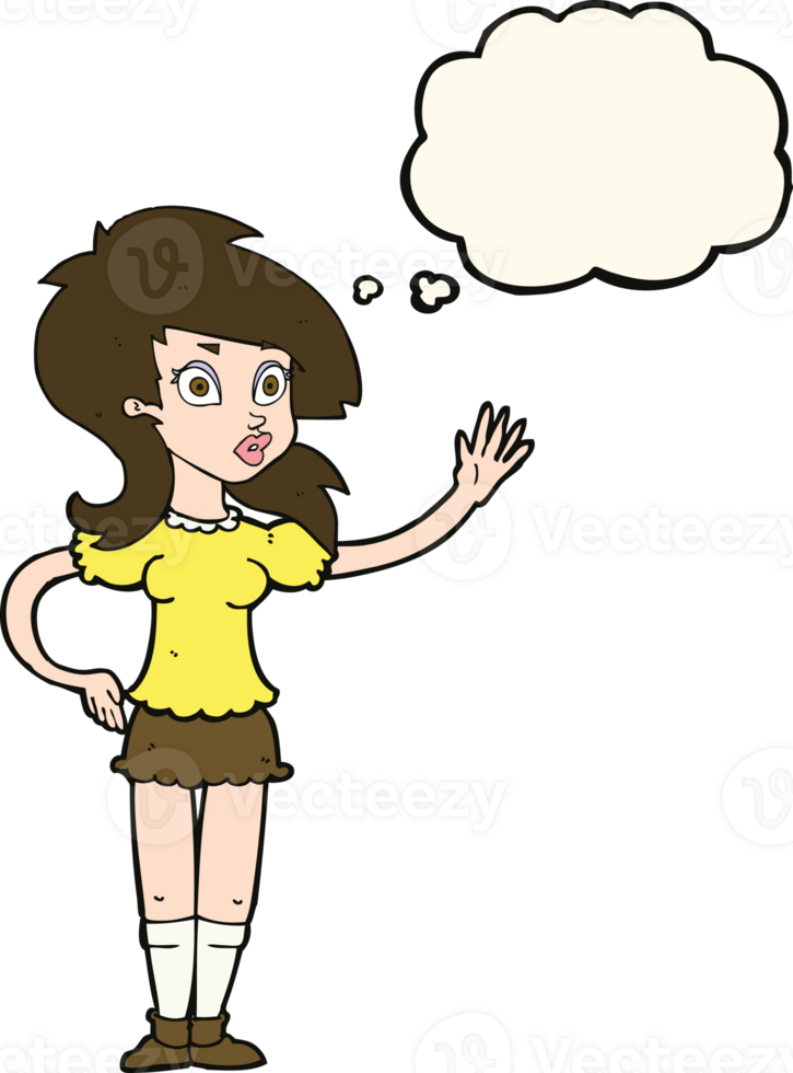 cartoon pretty woman waving for attention with thought bubble png
