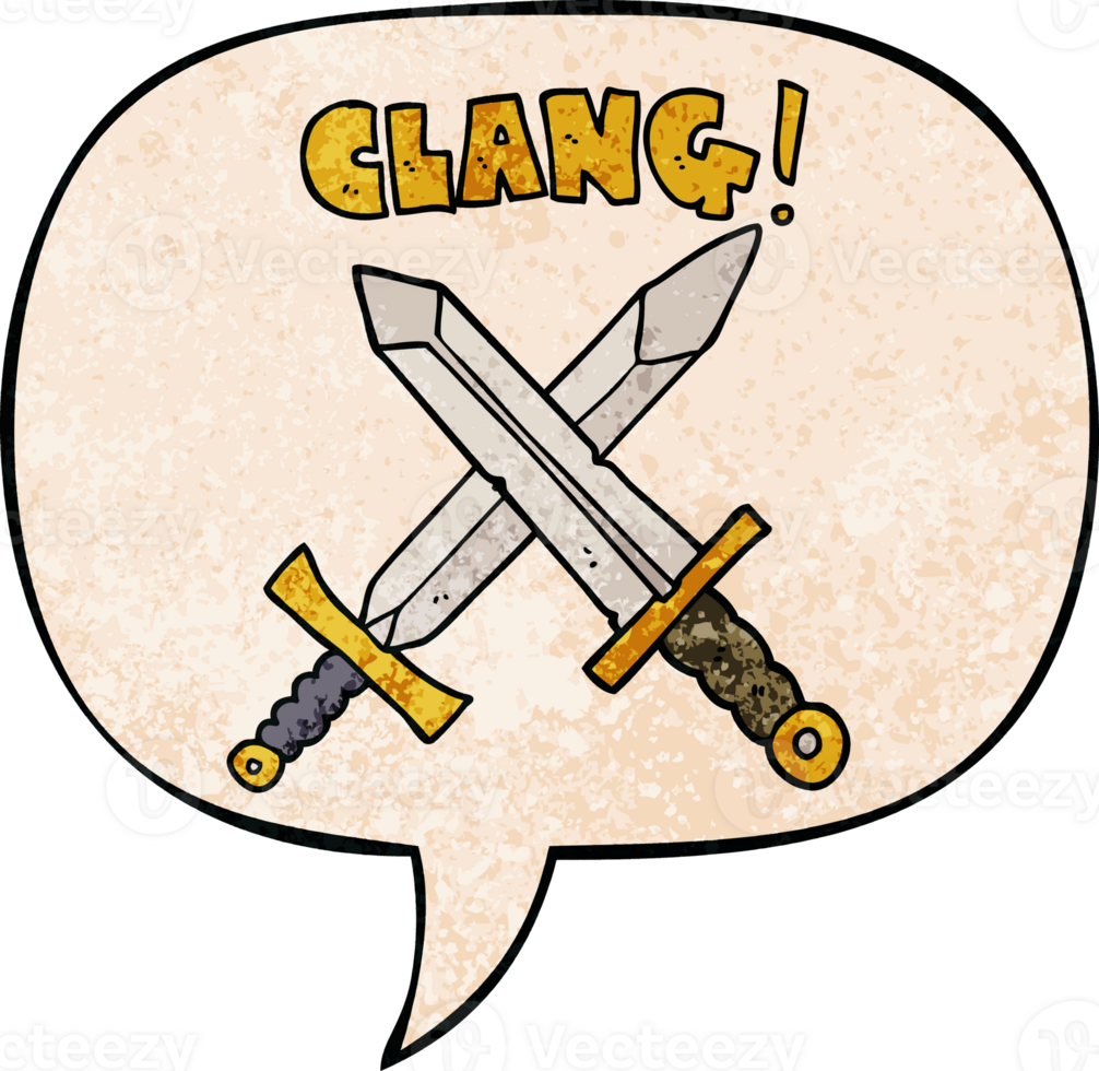 cartoon sword fight with speech bubble in retro texture style png