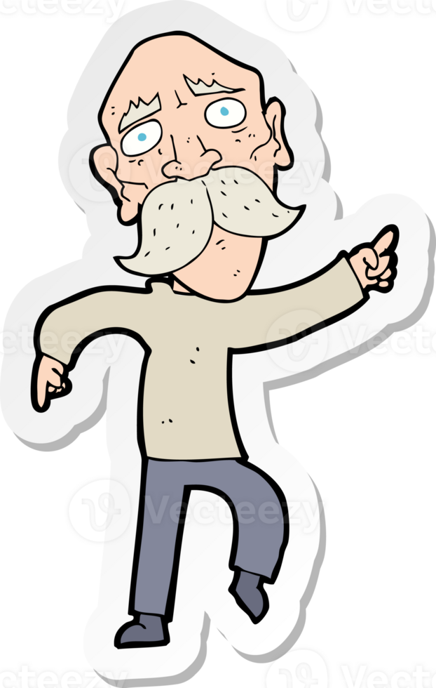 sticker of a cartoon sad old man pointing png