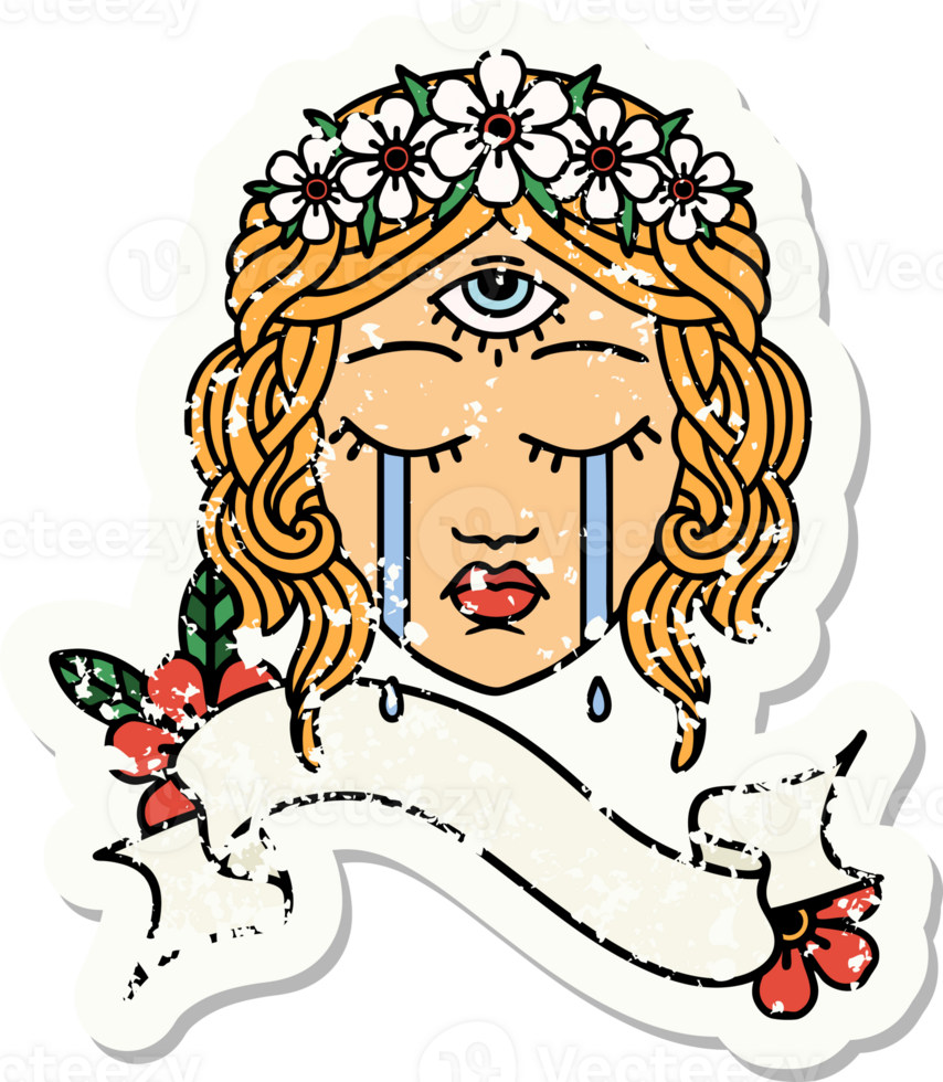 worn old sticker with banner of female face with mystic third eye crying png