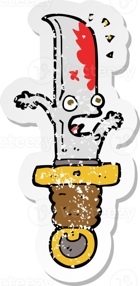 retro distressed sticker of a cartoon frightened knife png