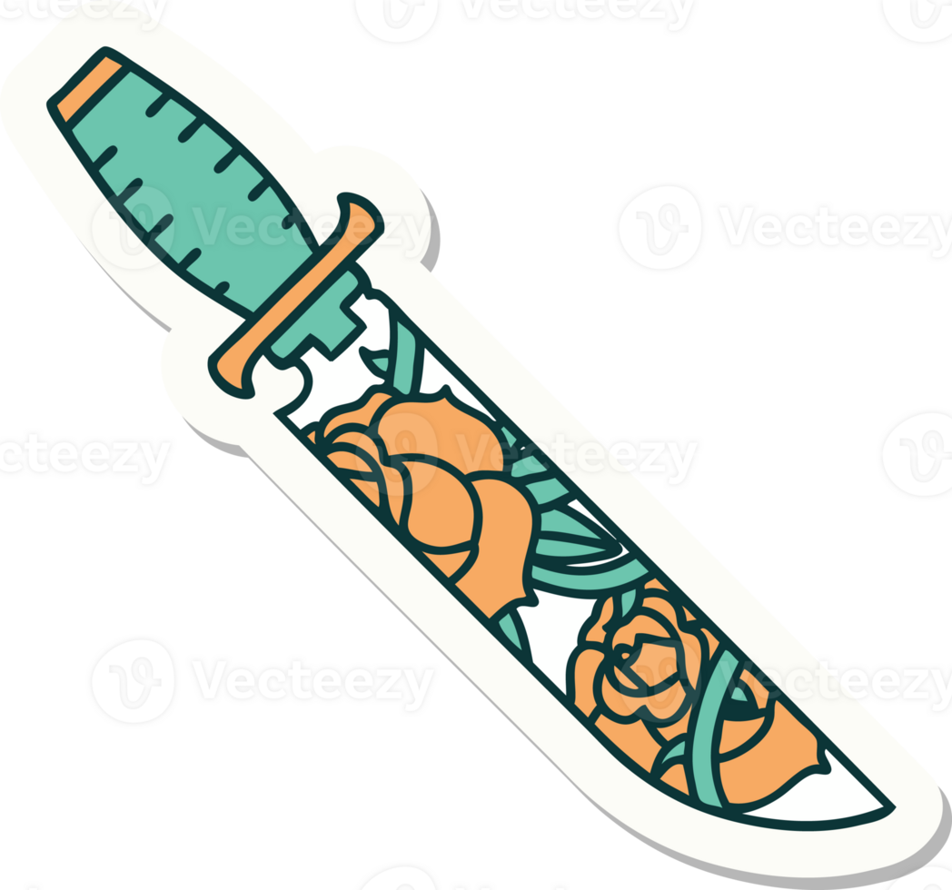 sticker of tattoo in traditional style of a dagger and flowers png