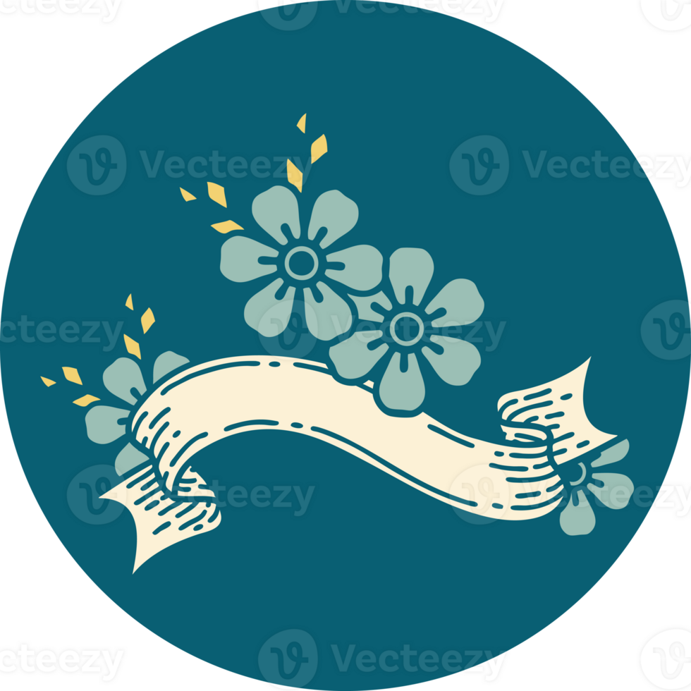 tattoo style icon with banner of a flower png