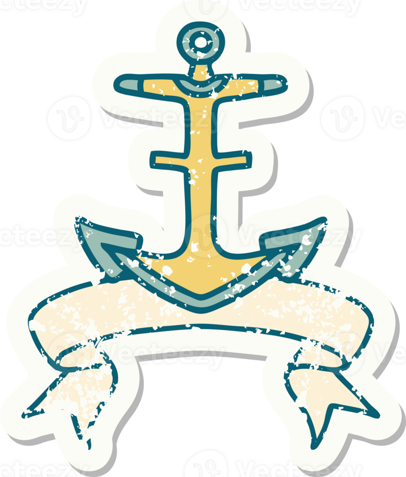 worn old sticker with banner of an anchor png