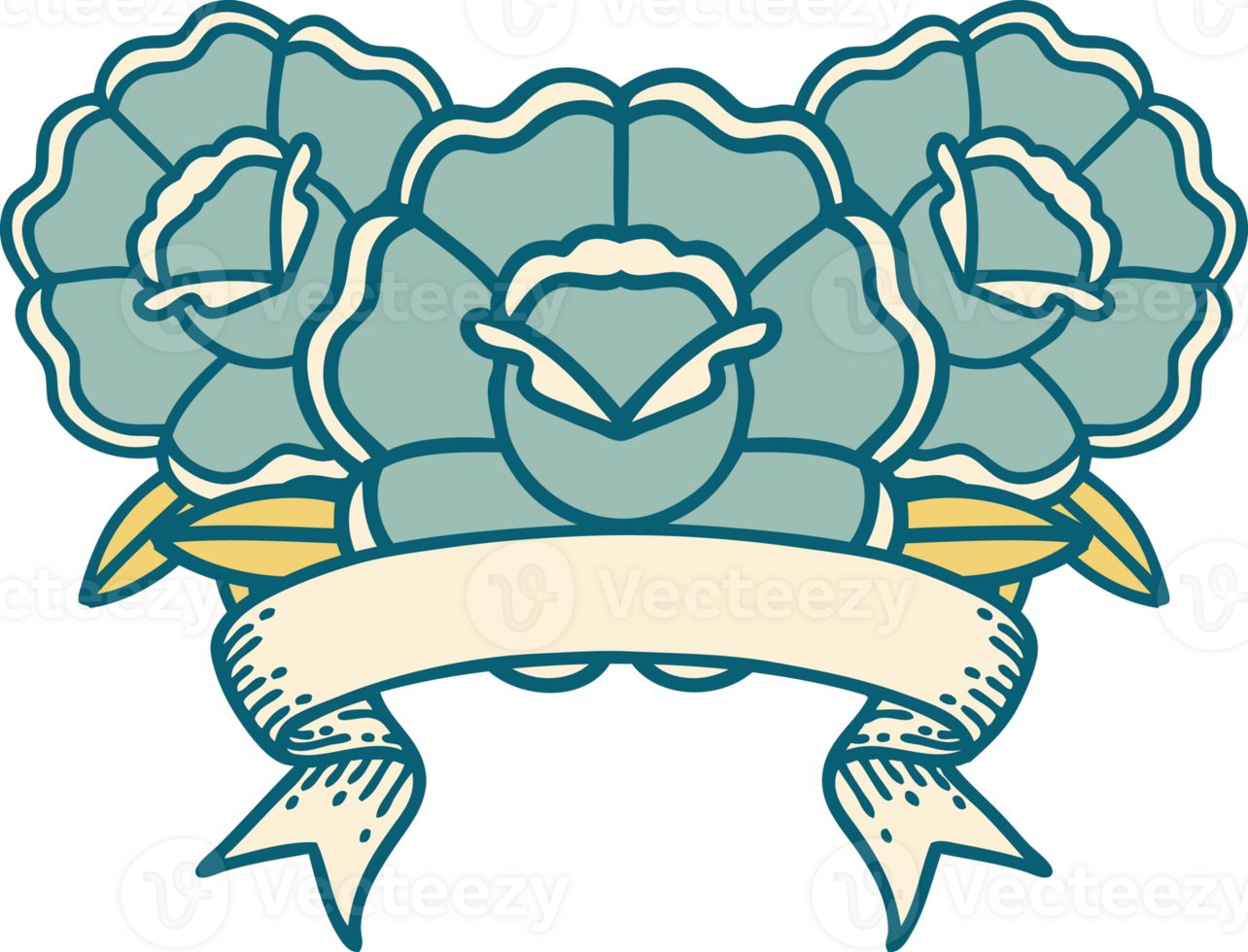 traditional tattoo with banner of a bouquet of flowers png