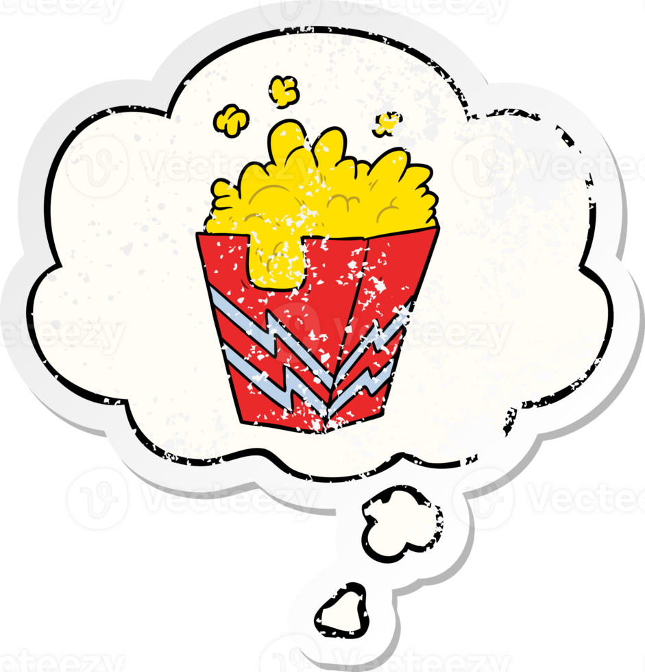 cartoon box of popcorn with thought bubble as a distressed worn sticker png