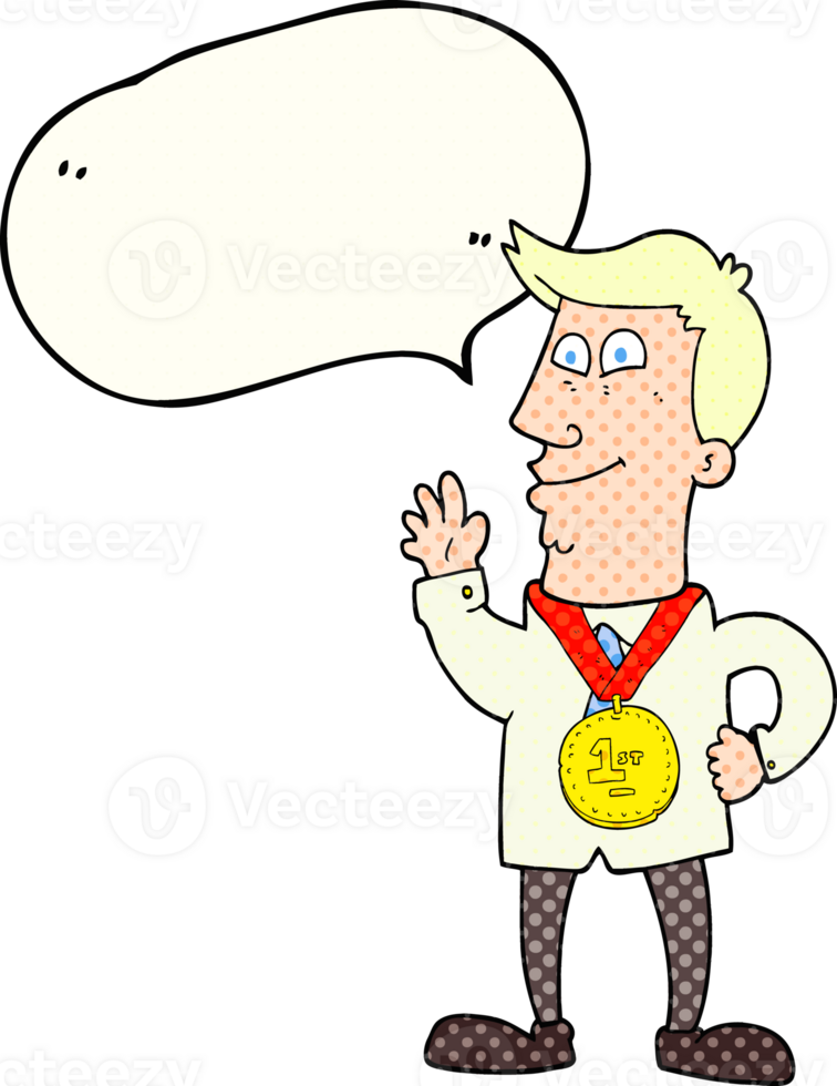 hand drawn comic book speech bubble cartoon waving man with award png