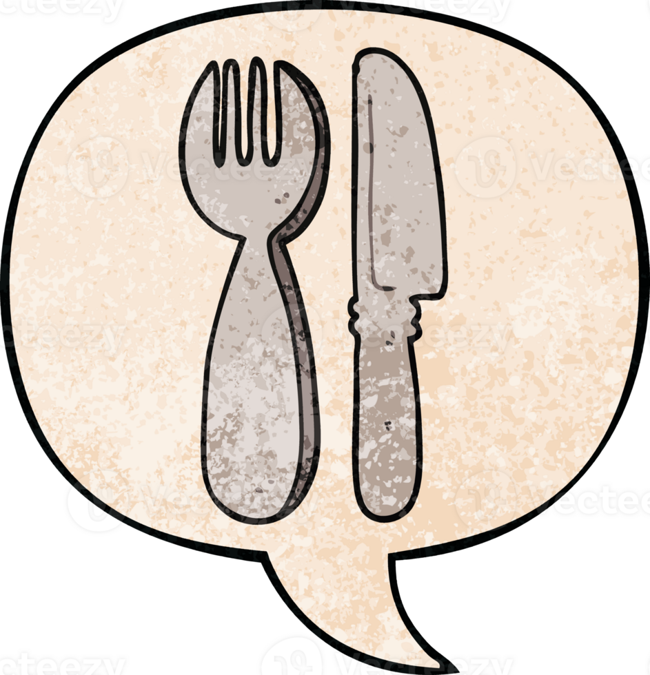 cartoon knife and fork with speech bubble in retro texture style png